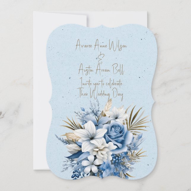 Convites Buquê de Casamento Floral Castanho Branco Azul (Frente)