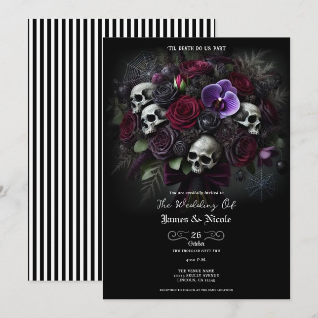 Convites Buquê de Caveira Floral Dark Gótico Casamento de H (Frente/Verso)