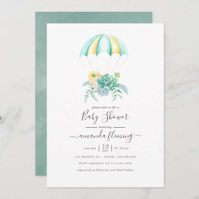 Convites Buquê de  de Paraquedas Floral Suculta Chá de fral (Frente/Verso)