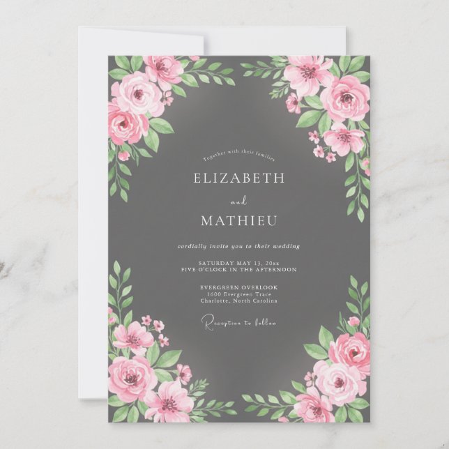Convites Buquê de Eucalipto Blush Carvão Casamento (Frente)