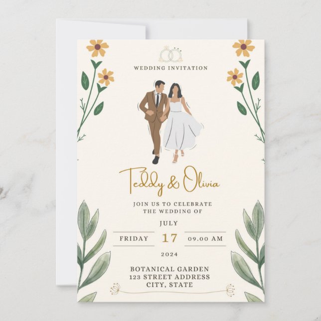 Convites Buquê de fitas tropicais na cor amarela (Frente)