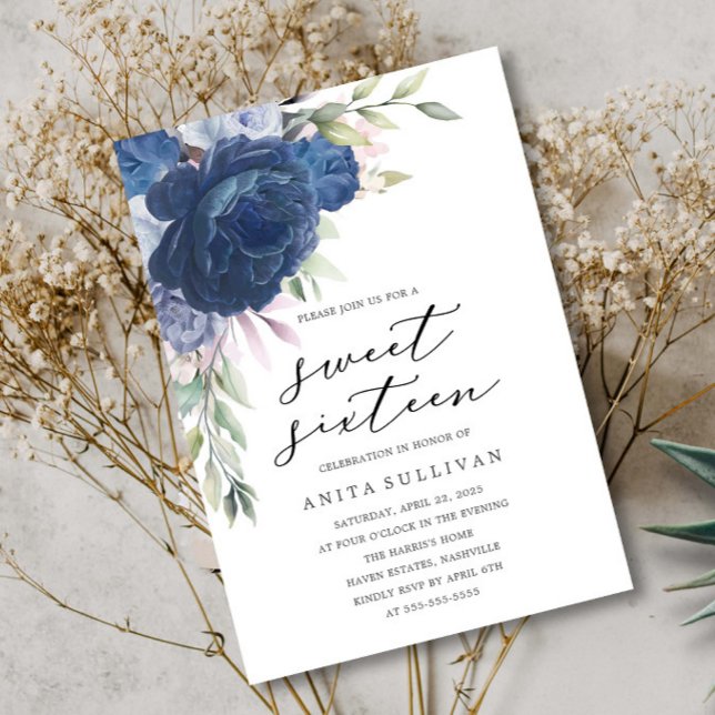 Convites Buquê de Flor Azul Doce Dezesseis 16 Aniversário (Criador carregado)
