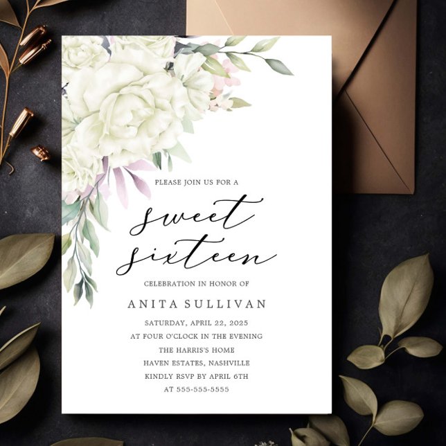 Convites Buquê de Flor Branco Doce Dezesseis e Dezesseis e  (Criador carregado)