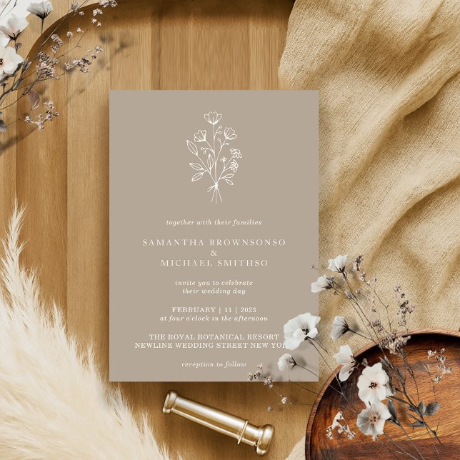 Convites Buquê de Flor Castanho Beige Boho Mínimo Botânico (Criador carregado)