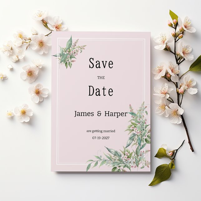 Convites Buquê de flor de menta rosa com aquarela Salvar a  (Watercolor pink mint flower bouquet Save the Date)