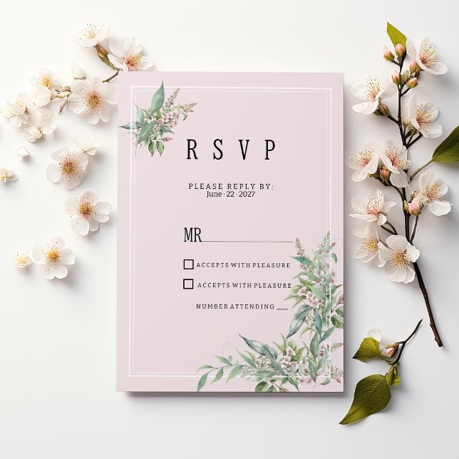 Convites Buquê de flor de menta rosa com aquarelas RSVP (Watercolor pink mint flower bouquet RSVP )