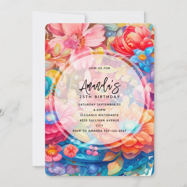 Convites Buquê de Flor Laranja e Azul Boho Aniversário (Frente)