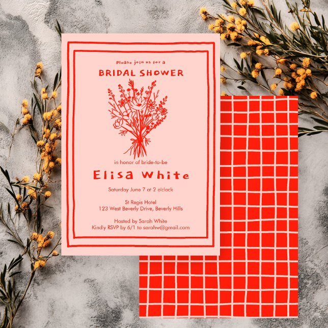 Convites Buquê de flor selvagem Chá de panela cáustico (Wildflower Bouquet Rustic Whimsical Hand Drawn Grid Bridal Shower Invitation
)