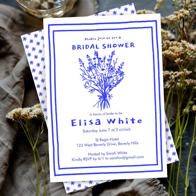 Convites Buquê de flor selvagem Chá de panela cáustico (Wildflower Bouquet Rustic Whimsical Bridal Shower Custom Cute Blue White Invitation)