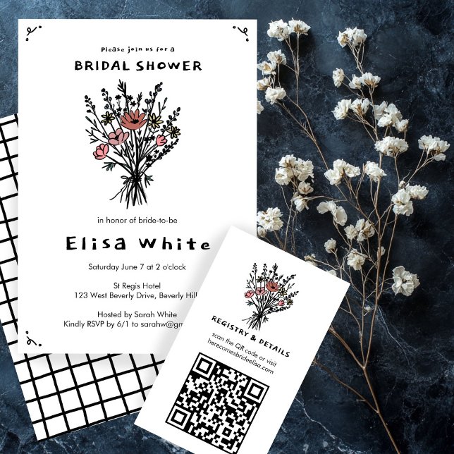 Convites Buquê de flor selvagem Chá de panela cáustico (Wildflower Bouquet Rustic Whimsical Bridal Shower Invitation
)