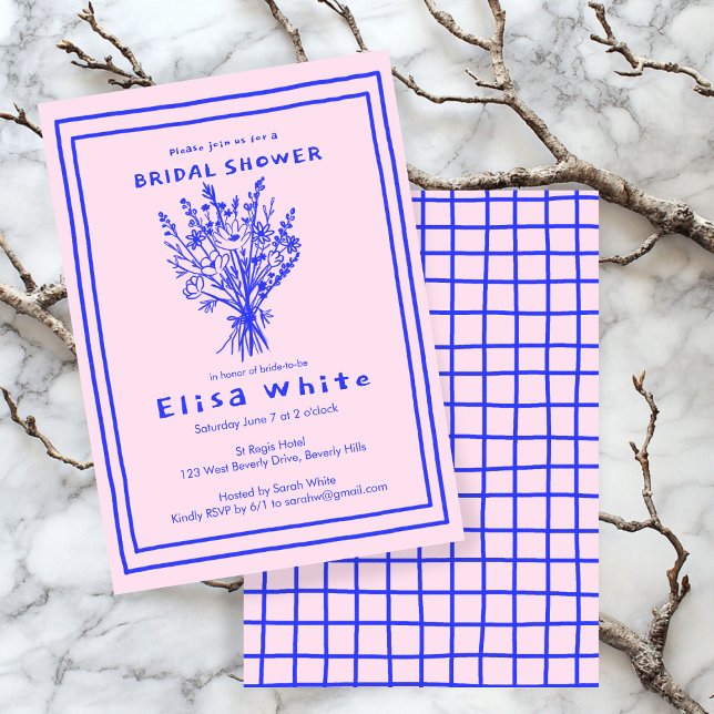 Convites Buquê de flor selvagem Chá de panela cáustico (Wildflower Bouquet Rustic Whimsical Bridal Shower Invitation Pink Blue
)