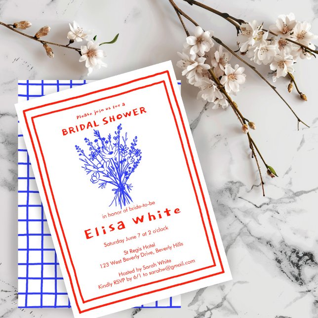 Convites Buquê de flor selvagem Chá de panela cáustico (Wildflower Bouquet Rustic Whimsical Bridal Shower Invitation red Blue Chic)