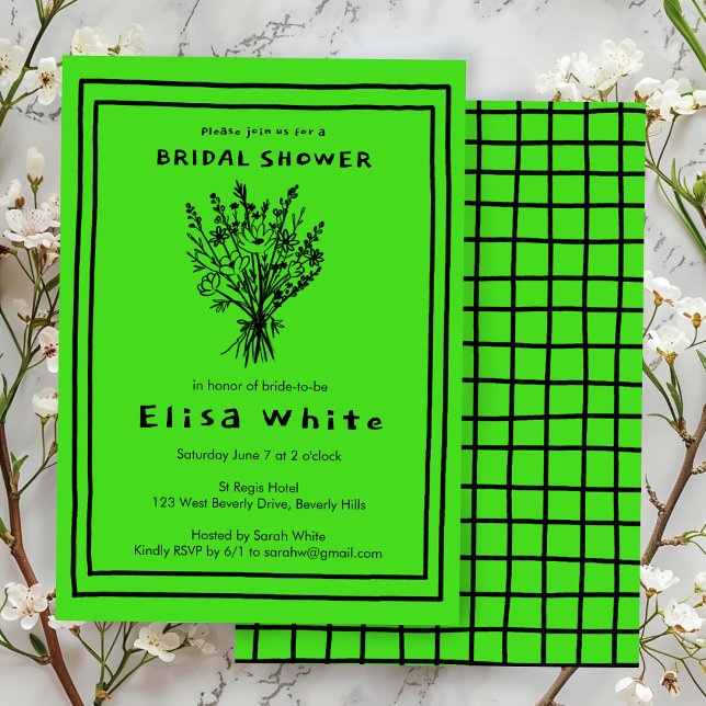Convites Buquê de flor selvagem Negrito Chá de panela (Wildflower Bouquet Whimsical Bridal Shower Bold Lime Brat Neon Invitation
)