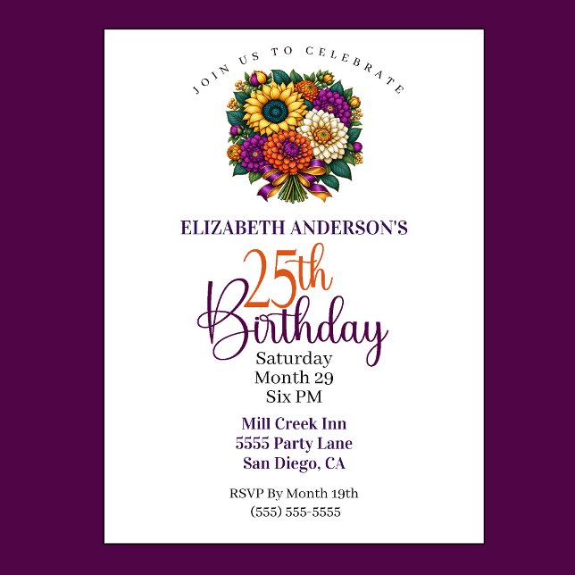 Convites Buquê de Flores de Outono Opulento Aniversário de  (Opulent Fall Flower Bouquet 25th Birthday Invitation For Women.)