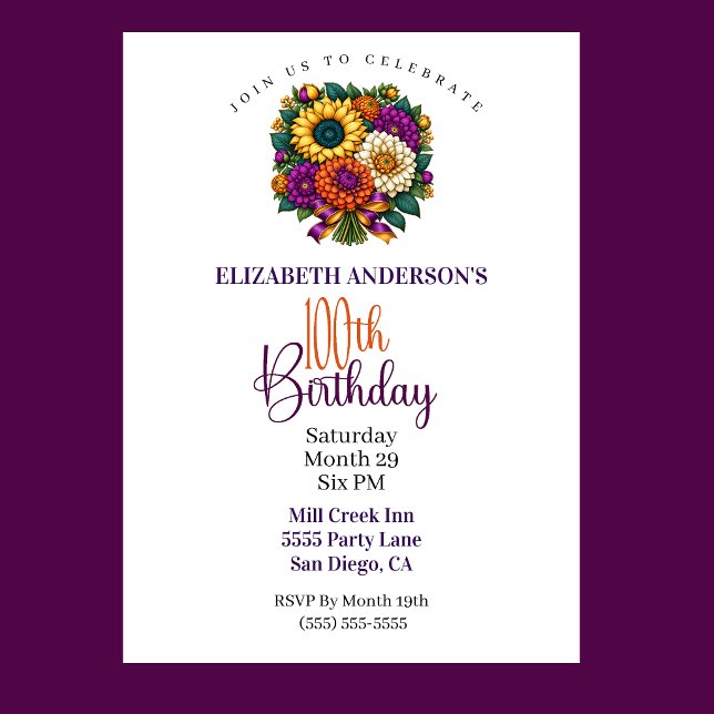 Convites Buquê de Flores de Outono Opulento Aniversário de  (Opulent Autumn Flower Bouquet 100th Birthday Invitation For Women.)