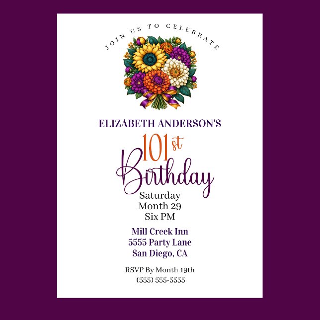 Convites Buquê de Flores de Outono Opulento para 101º Anive (Opulent Autumn Flower Bouquet 101st Birthday Invitation For Women.)