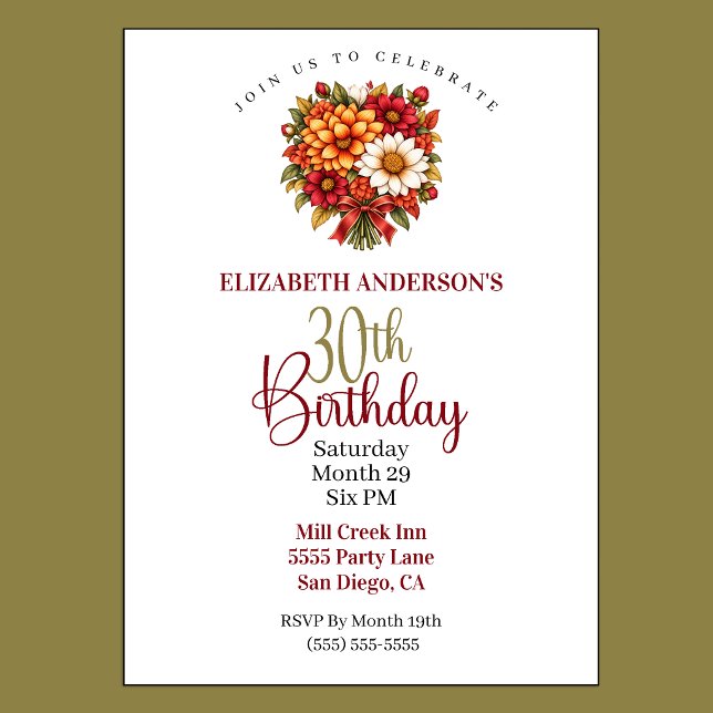 Convites Buquê de Flores de Outono para 30º Aniversário (Pretty Fall Flower Bouquet 30th Birthday Invitation For Women.)