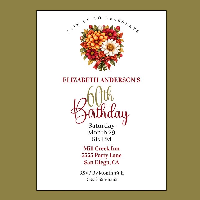 Convites Buquê de Flores de Outono para 60º Aniversário (Pretty Autumn Flower Bouquet 60th Birthday Invitation.)