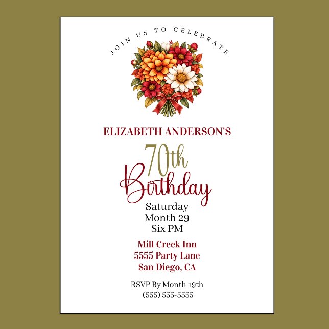 Convites Buquê de Flores de Outono para 70º Aniversário (Pretty Autumn Flower Bouquet 70th Birthday Invitation For Women.)