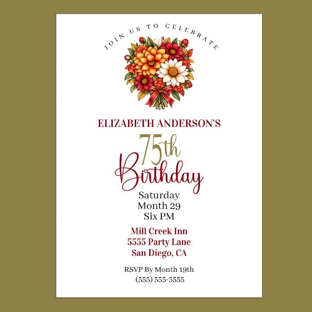 Convites Buquê de Flores de Outono para 75º Aniversário (Autumn Flower Bouquet 75th Birthday Invitation For Women.)
