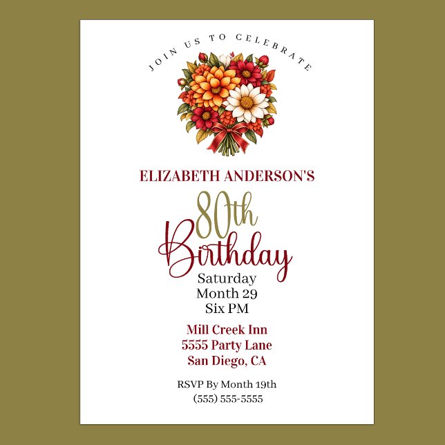 Convites Buquê de Flores de Outono para 80º Aniversário (Pretty Autumn Flower Bouquet 80th Birthday Invitation For Women.)