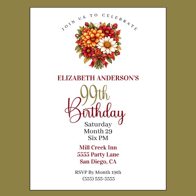 Convites Buquê de Flores de Outono para 99º Aniversário (Pretty Autumn Flower Bouquet 99th Birthday Invitation For Women.)