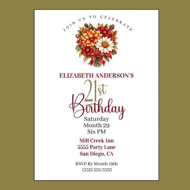 Convites Buquê de Flores de Outono para Aniversário de 21 A (Pretty Autumn Flower Bouquet 21st Birthday Invitation For Women.)