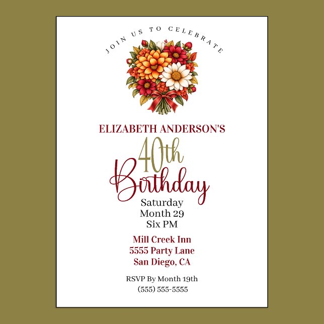Convites Buquê de Flores de Outono para Aniversário de 40 A (Pretty Autumn Flower Bouquet 40th Birthday Invitation For Women.)