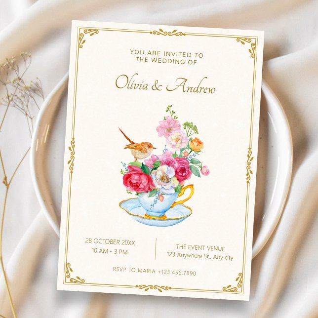 Convites Buquê de flores estética chávena de chá casamento (Criador carregado)
