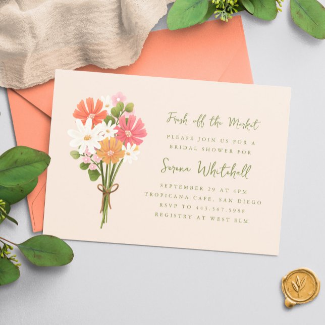 Convites Buquê De Flores Frescas Do Mercado Chá De Noiva ("Fresh off the Market" bridal shower invitation with bouquet of flowers illustration)
