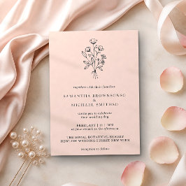 Convites Buquê de Flores Pastel Rosa Boho Mínimo Botânicos