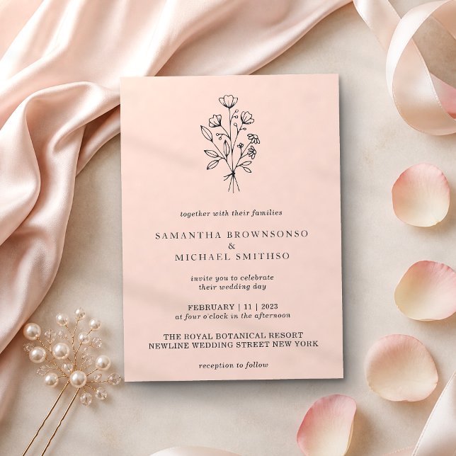 Convites Buquê de Flores Pastel Rosa Boho Mínimo Botânicos (Criador carregado)