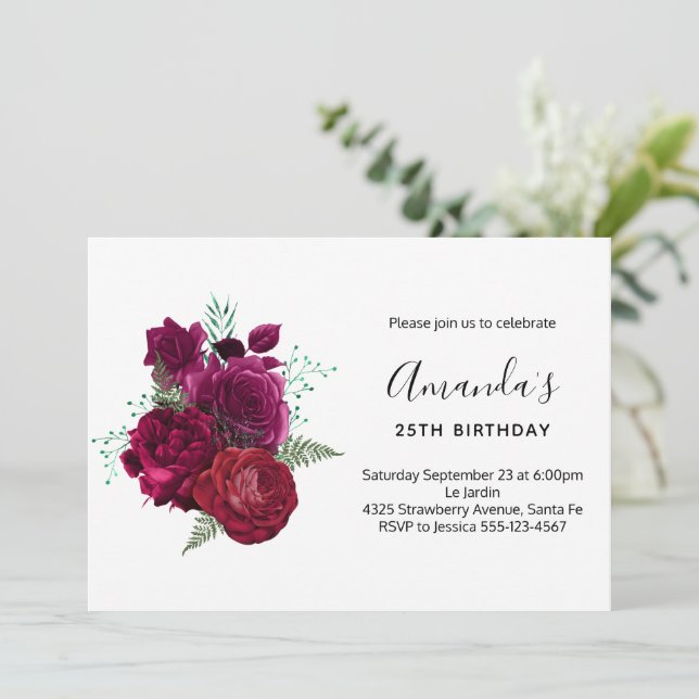 Convites Buquê De Flores Rosa Magenta Elegante De Aniversár (Em pé/Frente)