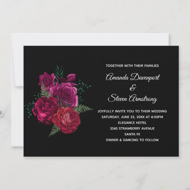 Convites Buquê de Flores Rosa Magenta Elegante para Casamen (Frente)
