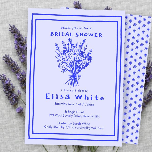 Convites Buquê de Flores Silvestres Churrasco Rústico Chá d (Wildflower Bouquet Rustic Whimsical Bridal Shower Blue Periwinkle Invitation
)