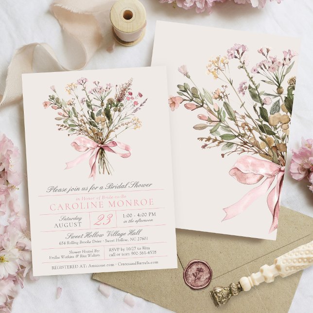 Convites Buquê de Flores Silvestres Rosa Laço Floral Chuvei (Elegant pink watercolor wildflower floral bouquet and bow vintage botanical bridal shower invitation)
