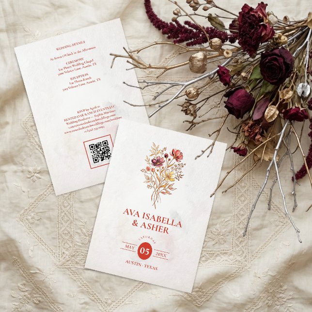 Convites Buquê de Flores Silvestres Rústico Chic Casamento  (Chic Rustic Wedding Invitation Featuring a Vibrant Multicolored Wildflowers Bouquet.)
