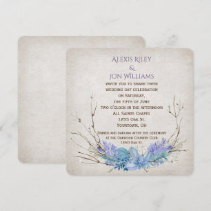 Convites buquê de galho de casamento roxo e aqua na textur