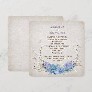 Convites buquê de galho de casamento roxo e aqua na textur