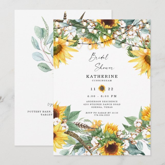 Convites Buquê de Girassóis Exuberantes Rústicos com Luzes  (Frente/Verso)