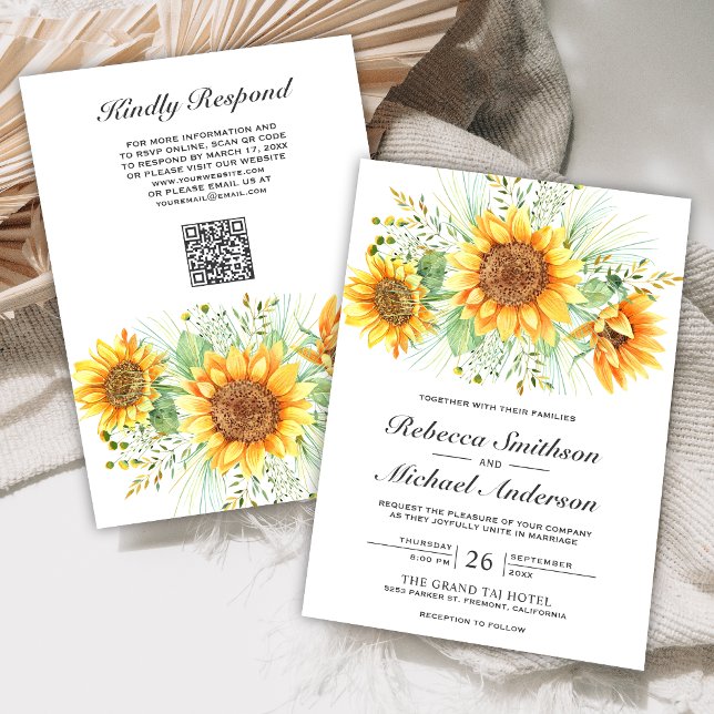 Convites Buquê de Girassóis Florais Rústicos Código QR Casa (Criador carregado)