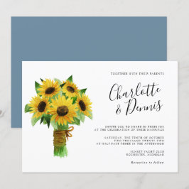 Convites buquê de girassol e casamento horizontal azul