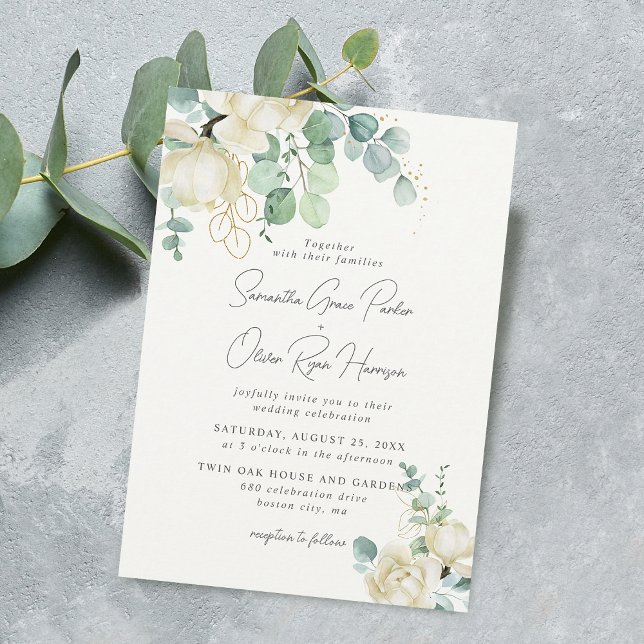 Convites Buquê De Noiva De Magnólia Branca E Eucalipto (Elegant White Magnolia Eucalyptus Bouquet Wedding Invitation)