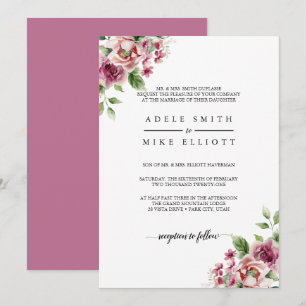 Convites Buquê de Noiva de Rosa Rosa em Aquarela Elegante