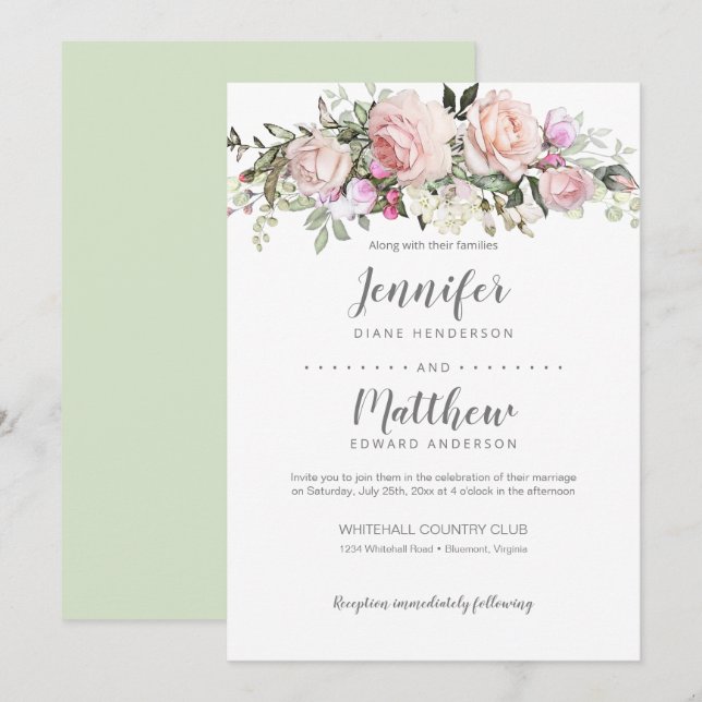 Convites Buquê de Rosas em Aquarela Rosa Choque Casamento (Frente/Verso)