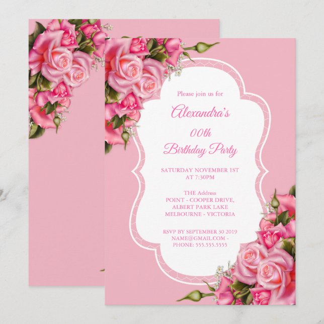 Convites Buquê de Rosas Rosa para Festa de Aniversário (Frente/Verso)