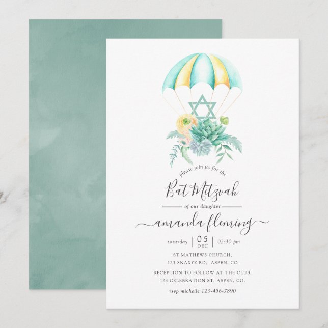 Convites Buquê de Suculentas Florais Parachute Bat Mitzvah (Frente/Verso)