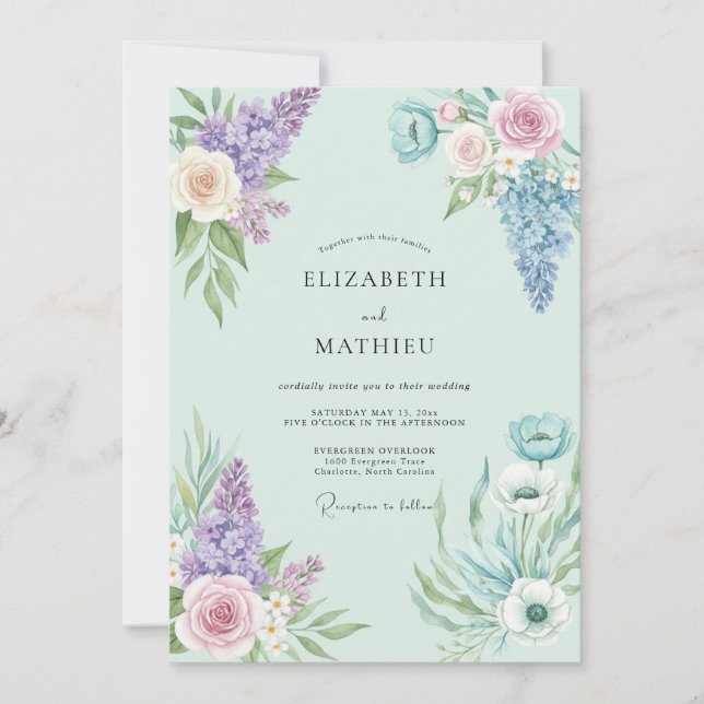 Convites Buquê de Violeta Hortelã Casamento Eucalipto (Frente)