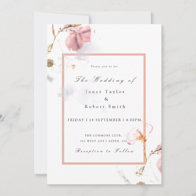 Convites Buquê Delicado com Casamento de Fronteira Rosa (Frente)