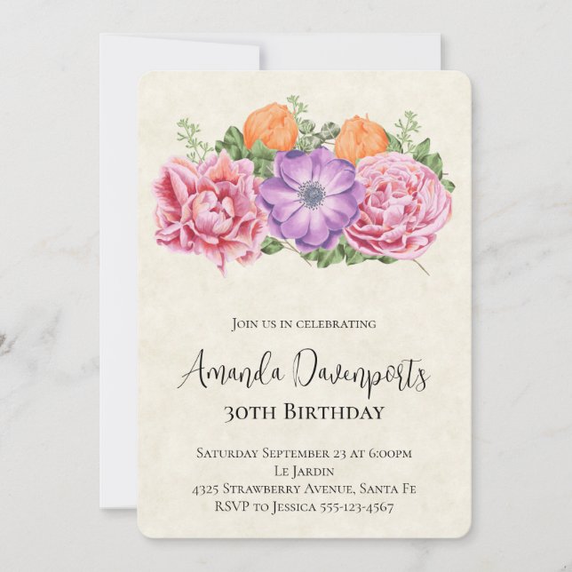 Convites Buquê Elegante de Flores de Aquarela de Aniversári (Frente)